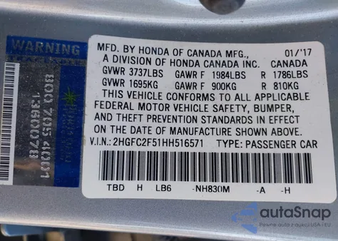 2017 Honda Civic Lx z USA, uszkodzony, nr VIN 2HGFC2F51HH516571